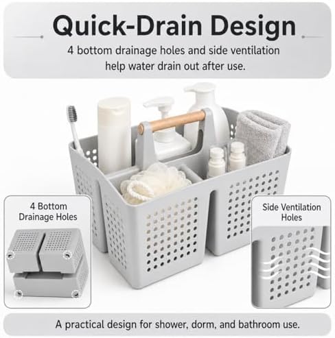 Portable Shower Caddy Basket with 3 Compartments and Handle, Light Gray - Image 4