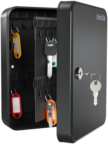 Uniclife 48-Key Steel Key Cabinet with 2 Unlocking Keys Wall Mounted Key Organizer Black Frosted Security Box with Hooks and Key Tag Labels Identifiers in 9 Assorted Colors by UnicLife