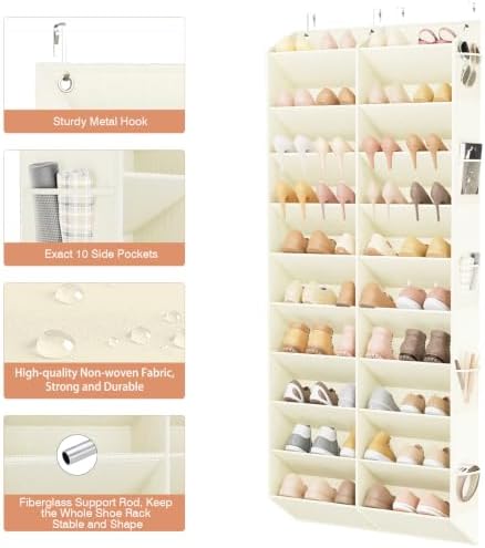 LANTEFUL Over the Door Shoe Organizer, Hanging Shoe Rack for Closet Door Shoe Storage for 30 Pairs Sneaker and Boots, Large Shoe Holder for Door with 10 Side Pockets, Space Saving, Beige - Image 4