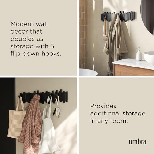 Umbra Sticks Wall Coat Rack, Wall Mount 8 Retractable Hooks, Black - Image 4