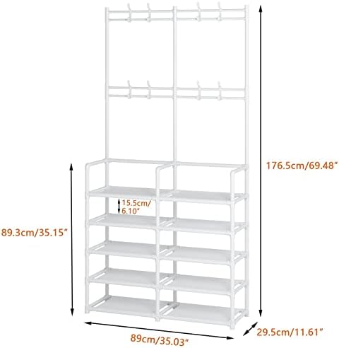 Laiensia 5-Tier Entryway Coat Rack, Coat and Shoe Rack, Entryway Bench Storage Organizer with 8 Hooks for Bedroom, Hallway, Office, White - Image 5