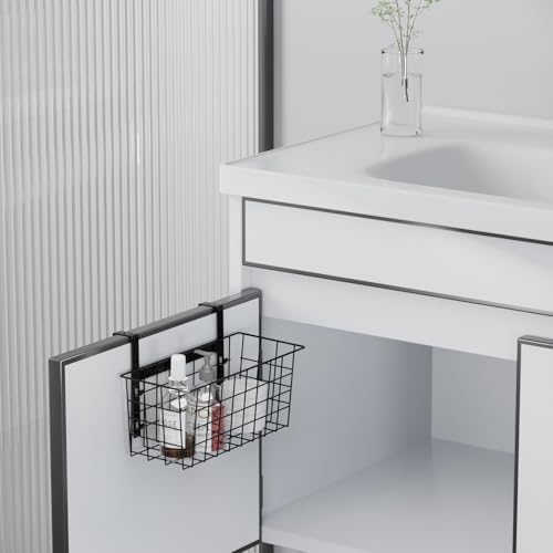 MaraFansie Basket with Hook, Grid Storage Basket, Over the Cabinet Door Organizer, Wire Hanging Basket with Hook Over the Railing, Under Sink Kitchen Cabinet, Pantry, Bathroom, Black, 2 Pack - Image 4
