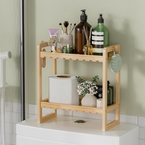 AmazerBath Bamboo Over The Toilet Storage Shelf - 2-Tier Bathroom Organizers and Storage Shelves, 2 in 1 Dual Stable Above Over Toilet Bamboo Shelf Home Storages Rack for Small Bathroom, Space Saver by AmazerBath