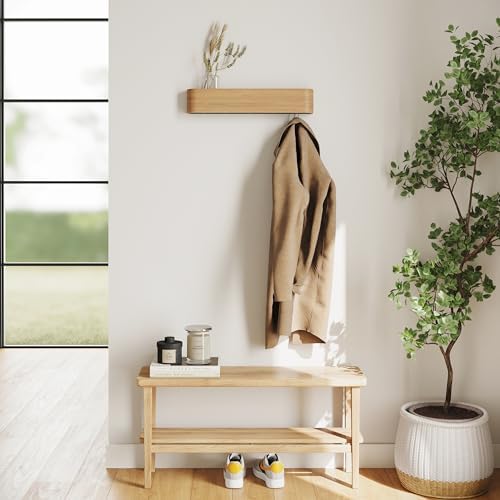 Kazai. Wall-Mounted Coat Rack 'Toke' - Modern Design Coat Rack with Hidden Wall Hooks - Solid Wood Veneer Panel Coat Hanger - Oak - Image 6