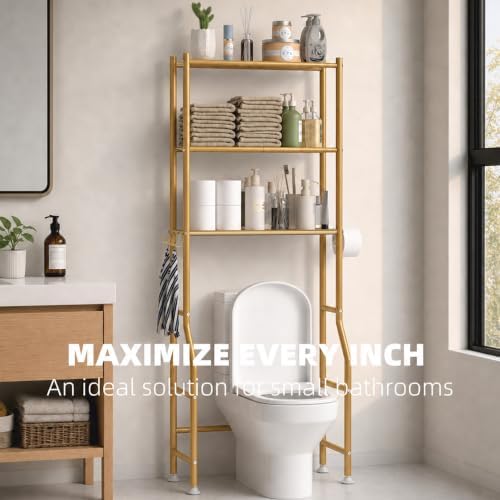 GloTika 3-Tier Over Toilet Storage, Anti-Tilt, 64" H, Gold - Image 3