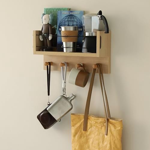 Entrance Coat Rack ，Coat Hooks, Wall-Mounted Wooden Hook Rack, Wall-Mounted Shelves are Very Suitable (Oak Color Finish-B-1) - Image 5