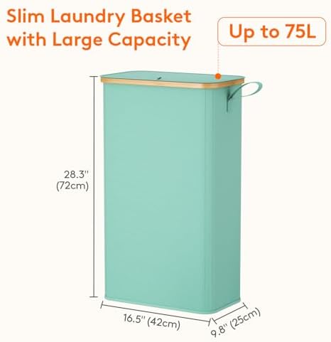 Lifewit 75L Slim Laundry Hamper with Lid and Removable Bag, Sage Green - Image 3