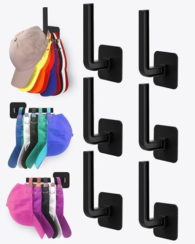 Hat Rack for Hat Storage (6-Pack), Multi-Purpose Hat Organizer, Strong Adhesive Hat Hooks for Wall Hat Organizer for Baseball Caps, Two Mounting Options Hat Hook, Black by Sunfanie