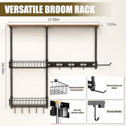 Broom Holder Wall Mount，With A Storage Basket Cleaning Tool Storage Rack - Image 3