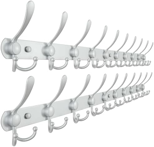 Dseap Coat Rack Wall Mount - 38” Long 10-Tri-Hooks Heavy Duty Coat Hanger Rail Wall Hooks for Hanging Coats Hats Clothing Clothes Purse Mudroom Entryway, Silver, Pack of 2 by Dseap