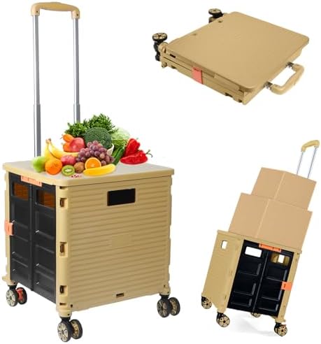 Folding Rolling Utility Cart,Wear-Resistant Noiseless Shopping Trolley Carts with Wheels for Grocery,Portable Crate Storage Tool Box with Lid Used as a Seat for Moving Office Use/Travel/Picnic/Books by ZIYOULANG