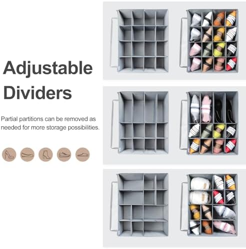 TOPIA HOME Shoe Organizer for Closet 2 Pack, Foldable Shoe Box with Adjustable Dividers and Clear Cover, Space Saving Shoe Storage Organizer Cabinet with Reinforced Handles, Fits 32 Pairs, Gray, TP12G - Image 4