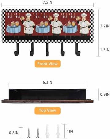 Red Chef Key Holder Wall Mount, Black White Check Black Hanging Mail Organizer with 5 Key Hooks Wall Decorative, Adhesive Key Rack with Shelf for Hallway Kitchen Farmhouse Entryway Decor - Image 3
