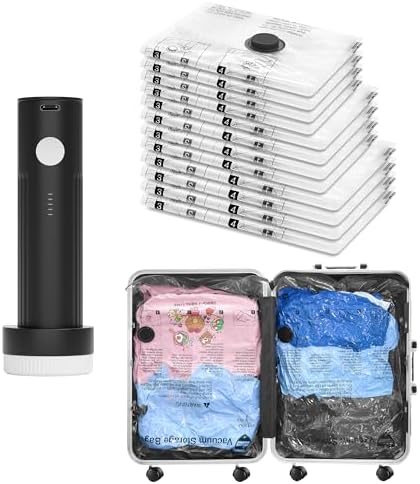 Vacuum Seal Bags for Clothing Travel and Home Storage, Travel Vacuum Bags with Electric Pump, Space Saver Compression Packing Cubes for Luggage Suitcase Bedding Blankets Clothes, 12 Combo by SUOCO