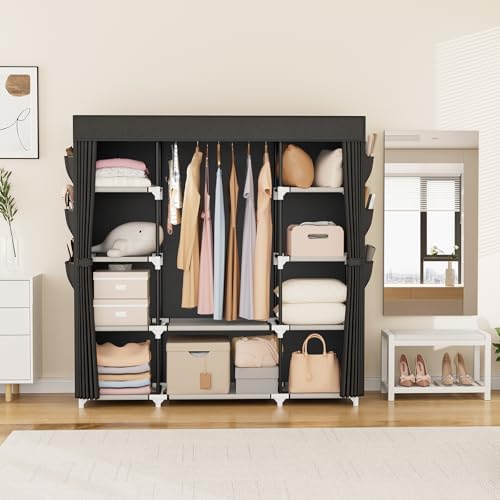 VTRIN Portable Closet Wardrobe for Hanging Clothes 57.3 Inch Large Capacity Clothes Rack with Cover, 10 Storage Organizer Shelves, 1 Hanging Rods and 6 Pockets, Free Standing Closet for Bedroom, Black - Image 2