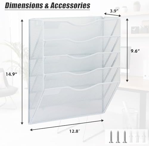EASEPRES 5 Pocket Mesh Hanging Wall File Organizer, Wall Mounted Mail Paper Document Folder Holder, Clipboard Storage Organization Magazine Rack with Nametag Label for Office Home School, White - Image 2