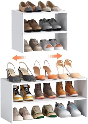 2-Tier Expandable White Shoe Rack Organizer for Closet, Stackable Shoe Rack Storage Shelf, Small Iron Wood Combination Shoe Shelves for Closets,Entryway,Front Door, Narrow Space,Hallway,6-12 Pairs by Hencawima