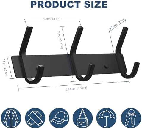 VAEHOLD Coat Hooks Wall Hook for Hanging Clothes Robes Towels Hats Heavy Duty Coat Hanger Coat Rack Wall Mount with 3 Hooks - Black - Image 3