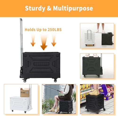 VECELO Foldable Shopping Cart with Wheels, Collapsible Rolling Crate for Groceries, Folding Storage Box with Handle, Three Modes of Use, Ideal for Teacher, Trip, Outdoors, Etc., 23GAL, Black - Image 6