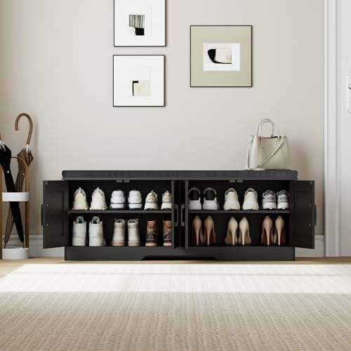 HOMSHO Farmhouse Shoe Storage Bench with 4 Barn Doors & Padded Seat Cushion - Image 4