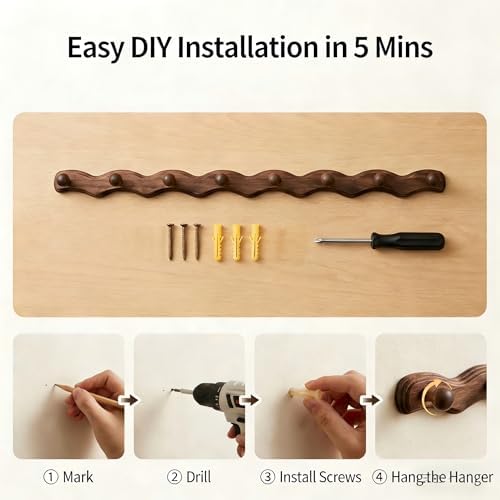 Wood Coat Rack Wall Mount -8 Pack Walnut Coat Hooks for Hanging Clothes,Keys, Robes,Purse,Towels,Bags,Backpack, Modern Decorative Wall hooks Heavy Duty Hanger Organizer for Bathroom,Entryway & Bedroom - Image 6