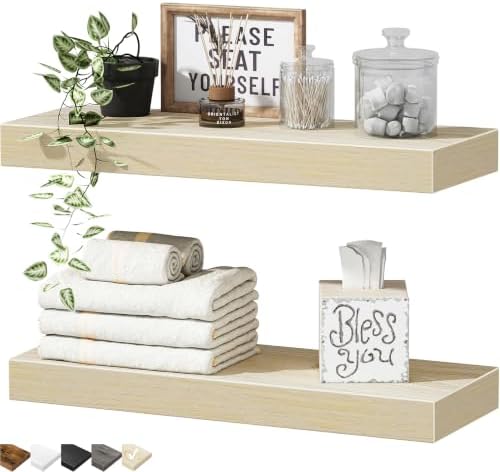 QEEIG Bathroom Floating Shelves for Wall - 15.7" Wall Mounted Shelf Over Toilet Farmhouse Home Decor Display Bookshelf Small 15.7 x 6.7 inch Set of 2, Natural (008-40N) by QEEIG