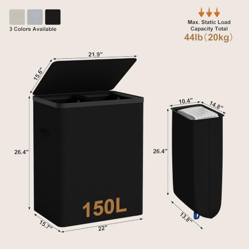 Double Laundry Hamper with Lid, 150L Large Laundry Basket 2 Compartments - Image 5