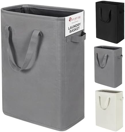 Slim Laundry Hamper Handles Collapsible Laundry Basket Thin Dirty Clothes Basket Narrow Laundry Bag Foldable Dirty Hamper 45L (21 inches,Grey) by ZeroJetLag