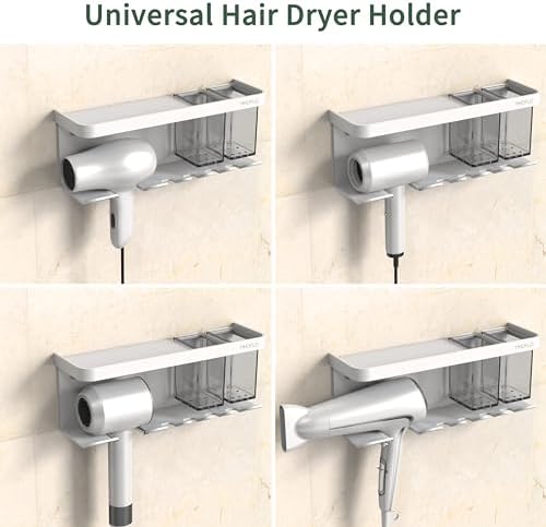 Hair Dryer Holder Wall Mounted Adhesive/Drilling, Hair Dryer Storage Organizer with Shelf & Hooks for Bathroom, Blow Dryer Holder, Hair Tool Organizer (White) - Image 2