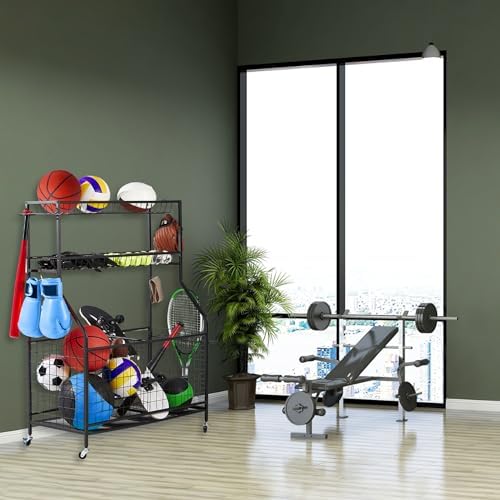 LUGO Heavy-Duty Rolling Sports Equipment Organizer – Ball Storage Rack with Lockable Wheels, Shelves, Baskets & Hooks – Garage, Home & Outdoor Sports Gear Holder for Basketballs, Toys, Helmets & More - Image 6