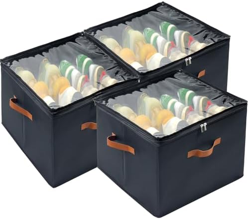 Shoe Organizer for Closet, 3 Pack Shoe Storage Bins with Clear Cover, Adjustable Dividers Fits 24-48 Pairs, Black by Vexalora