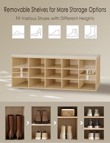 DINZI LVJ Shoe Storage Bench with Cushion, 15-Cubby Shoe Rack with Seat - Image 5