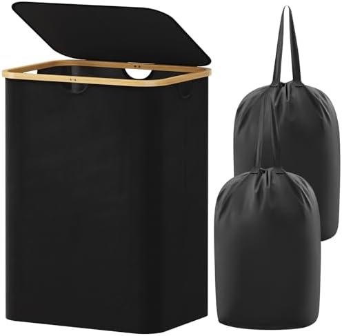 Lifewit 150L Laundry Basket with Lid, Clothes Hampers with Bamboo Handles and 2 Removable Bags, Large Foldable Laundry Hamper for Bedroom, Bathroom, Dorm, Black by Lifewit