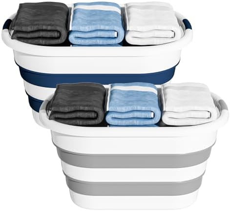 OOAMBB 43L Collapsible Laundry Baskets Plastic (Blue+Grey, 2 Packs) by OOAMBB