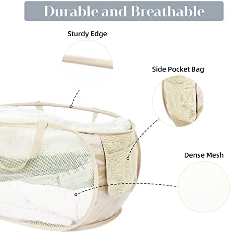 Durable Collapsible Laundry Baskets, Mesh Pop Up Laundry Hamper with Side Pocket, Foldable Clothes Storage Hamper with Reinforced Carry Handles for Laundry, Bathroom, Kids Room, Dorm or Travel Beige - Image 4