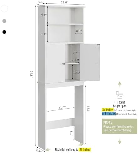 Over the Toilet Storage Cabinet for Bathroom, Extra Tall Over Toilet Storage, Space Saver W/Adjustable Shelf & Open Storage Shelf, 75in, White - Image 2