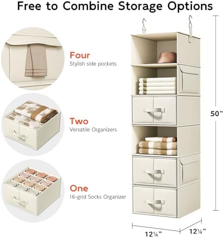 Vailando 6-Shelf Hanging Closet Organizer with 3 Fabric Drawers, Beige | Removable Fabric Drawers, Side Pockets, Reinforced Structure, Space-Saving Storage for Clothes, Nursery and Dorm Rooms - Image 3