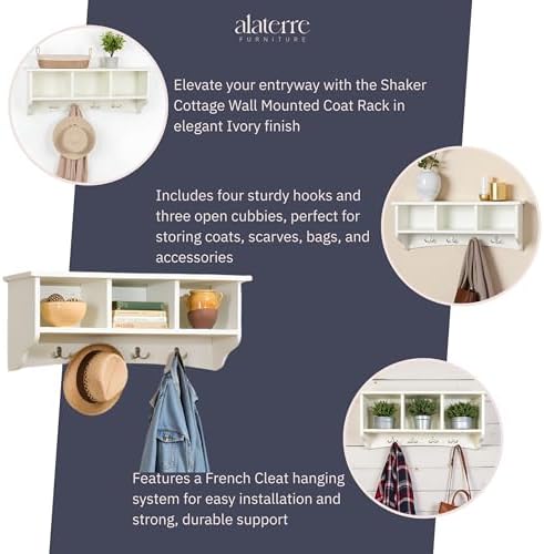 Shaker Cottage 36-Inch Wall-Mounted Coat Rack with 3 Open Shelves – Transitional Entryway Organizer, Mudroom Storage Shelf with 4 Hooks – Space-Saving Wall Storage by Alaterre Furniture (Ivory) - Image 4