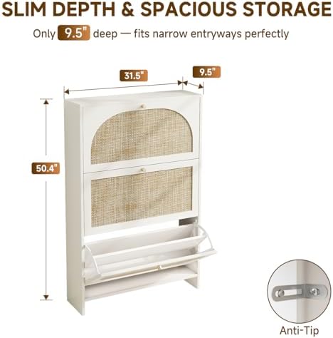 Nicetree Shoe Cabinet Storage for Entryway Slim 9.5" Freestanding Floor Base Shoe Storage Cabinet, 3 Flip Drawers with 3-Position Adjustable Divider, Holds 16-36Pairs, Bright White - Image 2