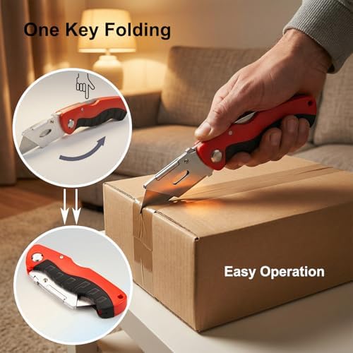 Box Cutter with 10 Extra Blades, Heavy Duty Folding Utility Knife for Cardboard, Carton, Carpet Cutting, Anti-slip Rubber & ABS Handle, Quick Replace Blade - Image 5