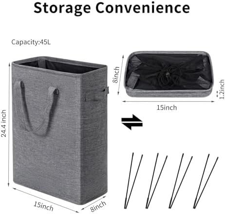 ZJL Narrow Laundry Hamper, Skinny Laundry Basket, 45L Dark Grey, 24" - Image 3