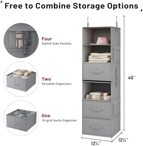 6-Shelf Hanging Closet Organizer with 3 Drawers, Separable, Medium Gray | Converts into Two 3-Shelf Organizers, Foldable Drawers, Side Pockets, Ideal for Wardrobe, Nursery, Dorm & Closet Storage - Image 3