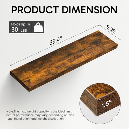 BAYKA Rustic Brown Floating Shelves 35.4in, Set of 2, Wall Mount Wood Shelf - Image 3