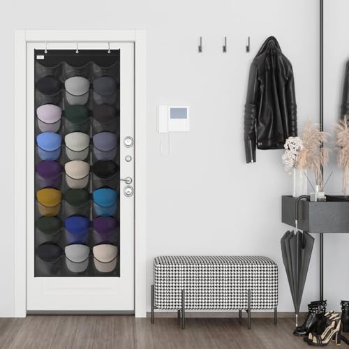 Baseball Hat Rack, 24 Pocket Over-The-Door Hat Organizer with Clear Deep Pockets to Display Baseball Caps Collection, Complete with 3 Over Door Hooks (Black, 24 Pockets) - Image 7