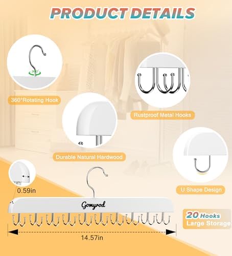 Gomyrod Tank Top Hanger, 2 Pack w/40 Hooks Bra Hanger for Closet Organizer | Premium Wood Space Saving Hanger, 360°Rotating Closet Organizers and Storage, Multi Hook Hanger for Dorm & Apartment, White - Image 2