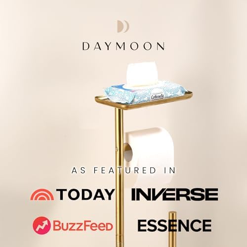 Day Moon™ - Toilet Paper Holder - Modern Roll Holder for Bathroom - 1 Pack - Free Standing - with Shelf, Gold - Image 6