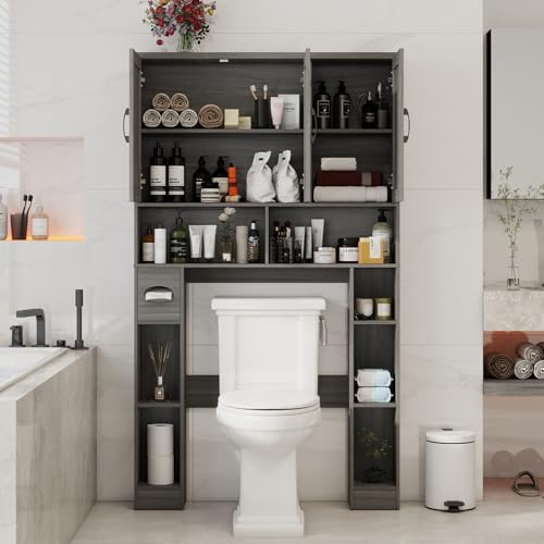 Vabches Over The Toilet Storage Cabinet with 3 Barn Doors.Wash Grey - Image 4