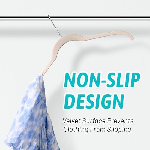Sishynio Velvet Hangers 100 Pack, Non-Slip Slim Felt Clothes Hangers Beige | Space-Saving Closet Organization; Flocked Surface; 360° Swivel Hooks; For Shirts, Coats, Dresses, Blouses - Image 5