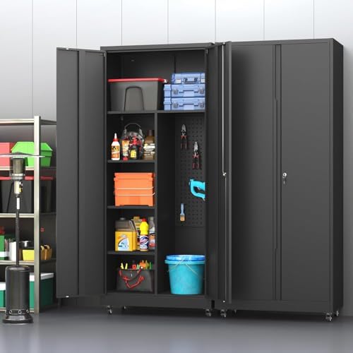 Metal Garage Storage Cabinet with 2 Doors, Adjustable Rolling Tool Storage Cabinet with Lock, 71" Steel Locking Broom Closet with Wheels and Shelves for Garage, Warehouse(Black, 71" H) - Image 2