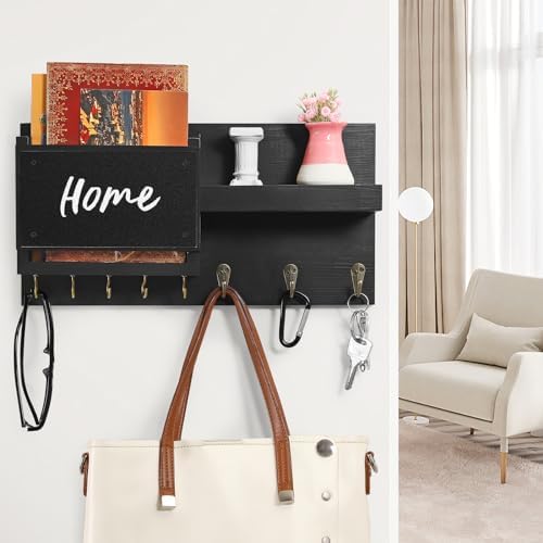 Decorative Key Hanging Rack with 8 Hooks – Easy Install Natural Wooden Key and Mail Holder for Wall Mount – Sunglasses Wallet Holder Entryway Decor with Shelf and Chalkboard (Coal Black) - Image 4